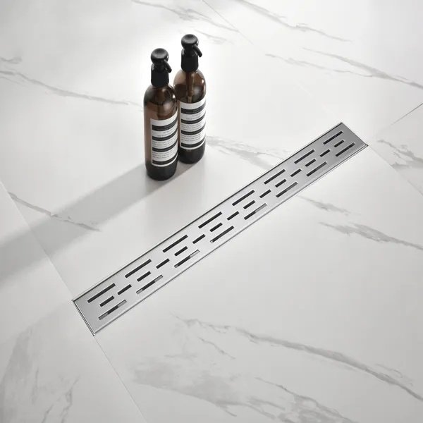 24 Inch Linear Shower Drain With Removable Brick Patterned Grate Cover, 304 Stainless Steel Shower Floor Drain With Hair Strainer And Leveling Feet