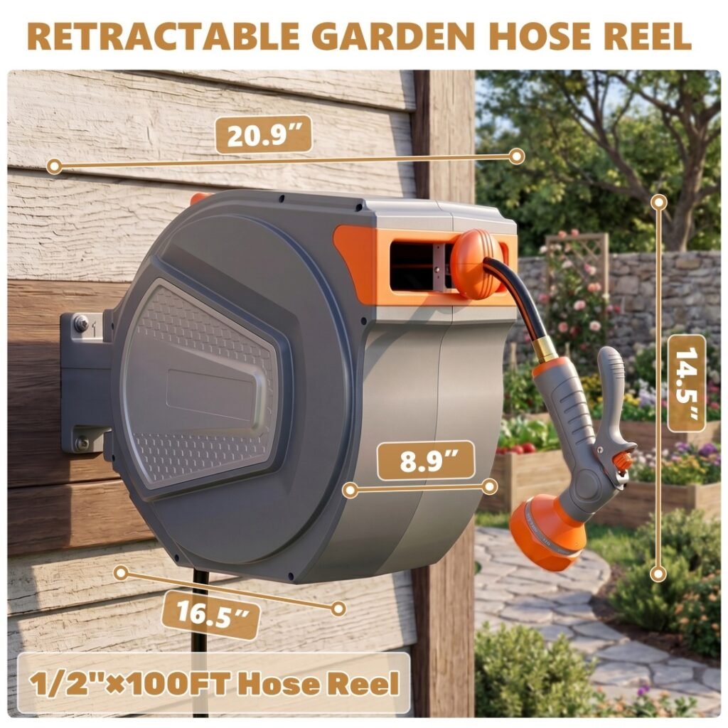Auto Rewind Retractable Hose Reel, Wall Mounted With 180degree   Swivel, Multi-Function Spray Nozzle For Outdoor Watering
