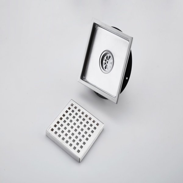 6 Inch Square Shower Drain With Removable Square Patterned Grate, 304 Stainless Steel With Flange And Hair Strainer, Brushed Nickel