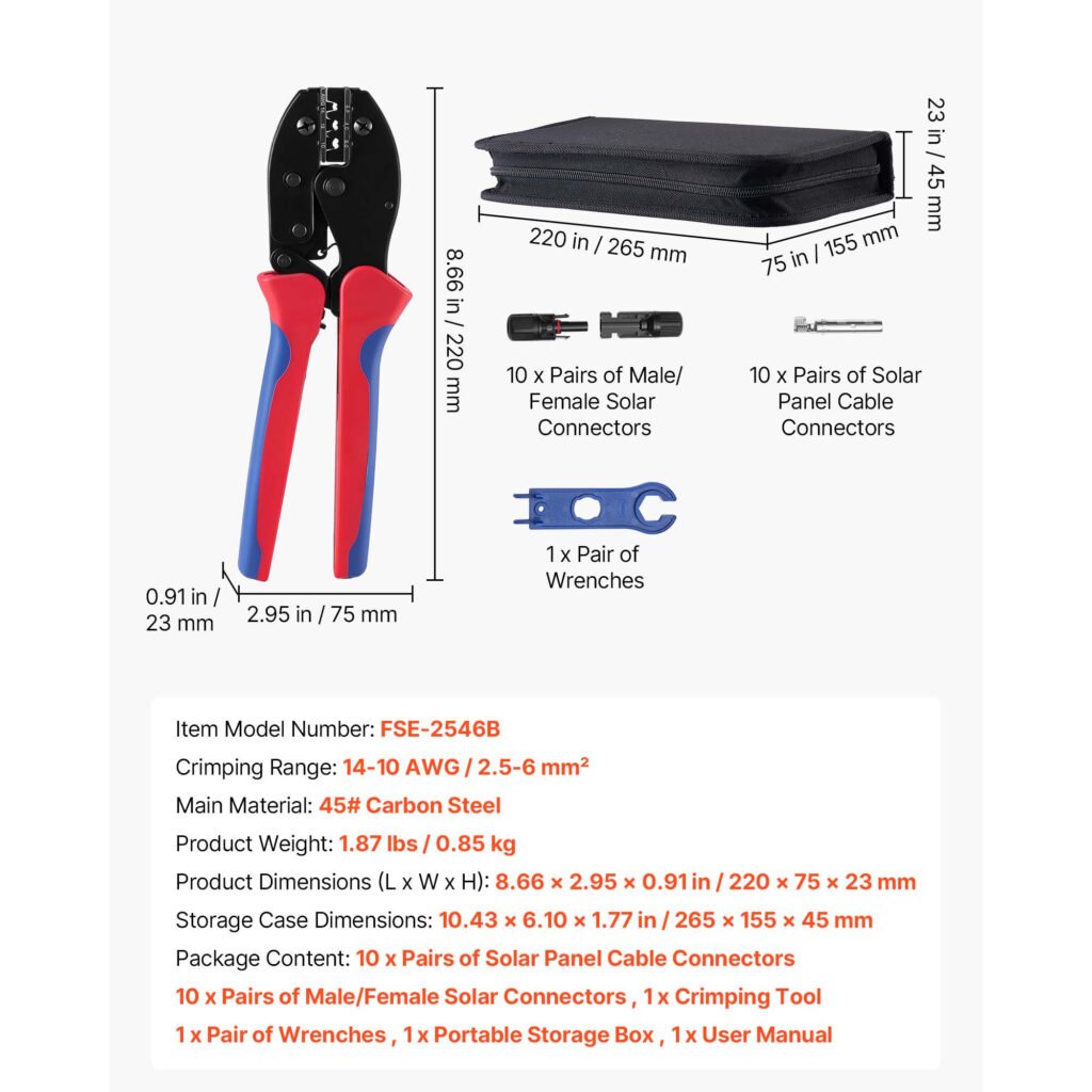 Crimping Tool, 14-10 AWG Ratcheting Solar Connector Crimper Tool Kit, Clear Metric & AWG Markings, With 10 Pairs Solar Connectors, 10 Pairs Of Cable Connectors, Wrenches, And A Storage Case