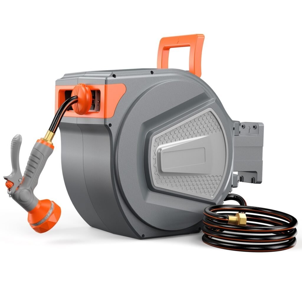 Auto Rewind Retractable Hose Reel, Wall Mounted With 180degree   Swivel, Multi-Function Spray Nozzle For Outdoor Watering