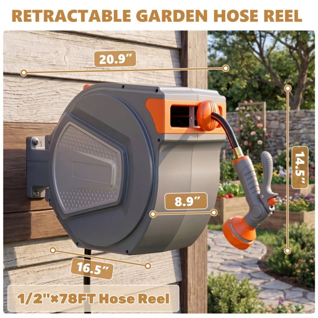 Auto Rewind Retractable Hose Reel, Wall Mounted With 180degree   Swivel, Multi-Function Spray Nozzle For Outdoor Watering