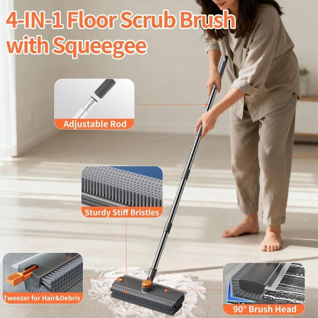 Scrub Brush With Long Handle, Floor Scrub Brush Squeegee Broom For Cleaning, 3 In 1 Shower Scrubber Floor Broom Squeegee For Concrete Tile Wall Deck Patio Grey