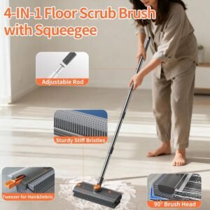 Scrub Brush With Long Handle, Floor Scrub Brush Squeegee Broom For Cleaning, 3 In 1 Shower Scrubber Floor Broom Squeegee For Concrete Tile Wall Deck Patio Grey - Image 2