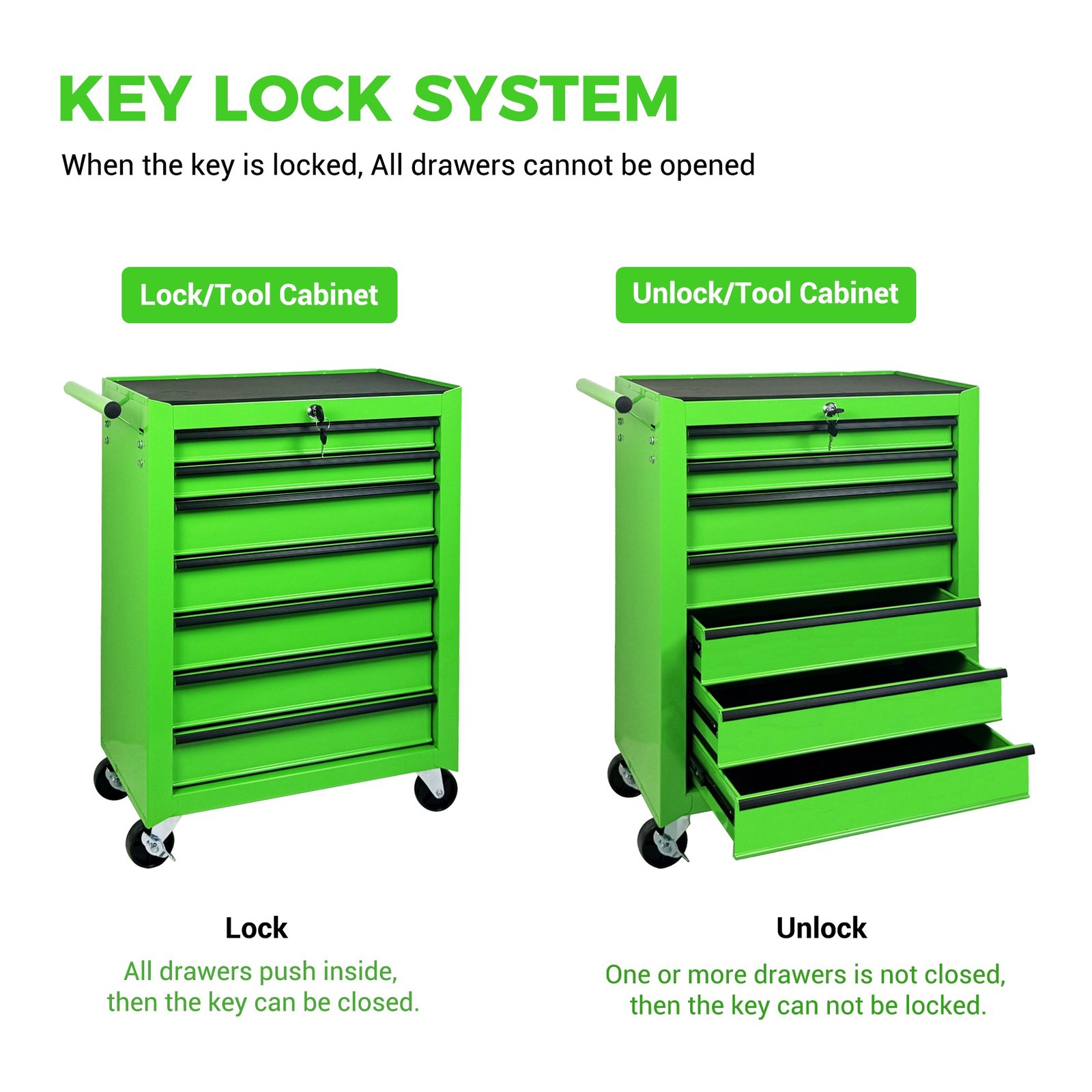 7-Drawer Rolling Tool Storage Cabinet With Detachable Top Tool Box, Universal Lockable Wheels, Adjustable Shelf, Locking Mechanism, Metal Tool Cart For Garage Workshop,Leaf Bright Green - Image 8