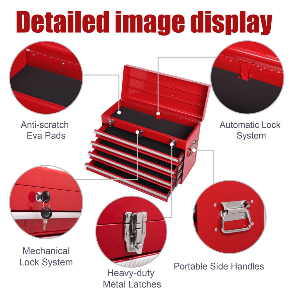 Heavy Duty Metal Tool Box, 21-inch, Portable Metal Tool Box With 4 Drawers, Small Tool Chest With EVA Liners, Ball Bearing Slide Drawers Locking & Powder Coated Finish, Multi-Function Tool Organizer