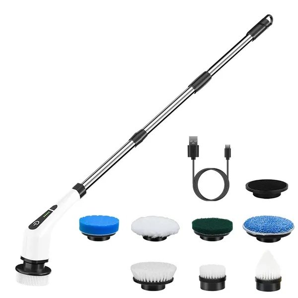 Electric Spin Scrubber Cordless Cleaning Brush Extendable With 8 Replaceable Heads 2 Speed Adjustable Extension Arm Bathroom Tub Tile Floor