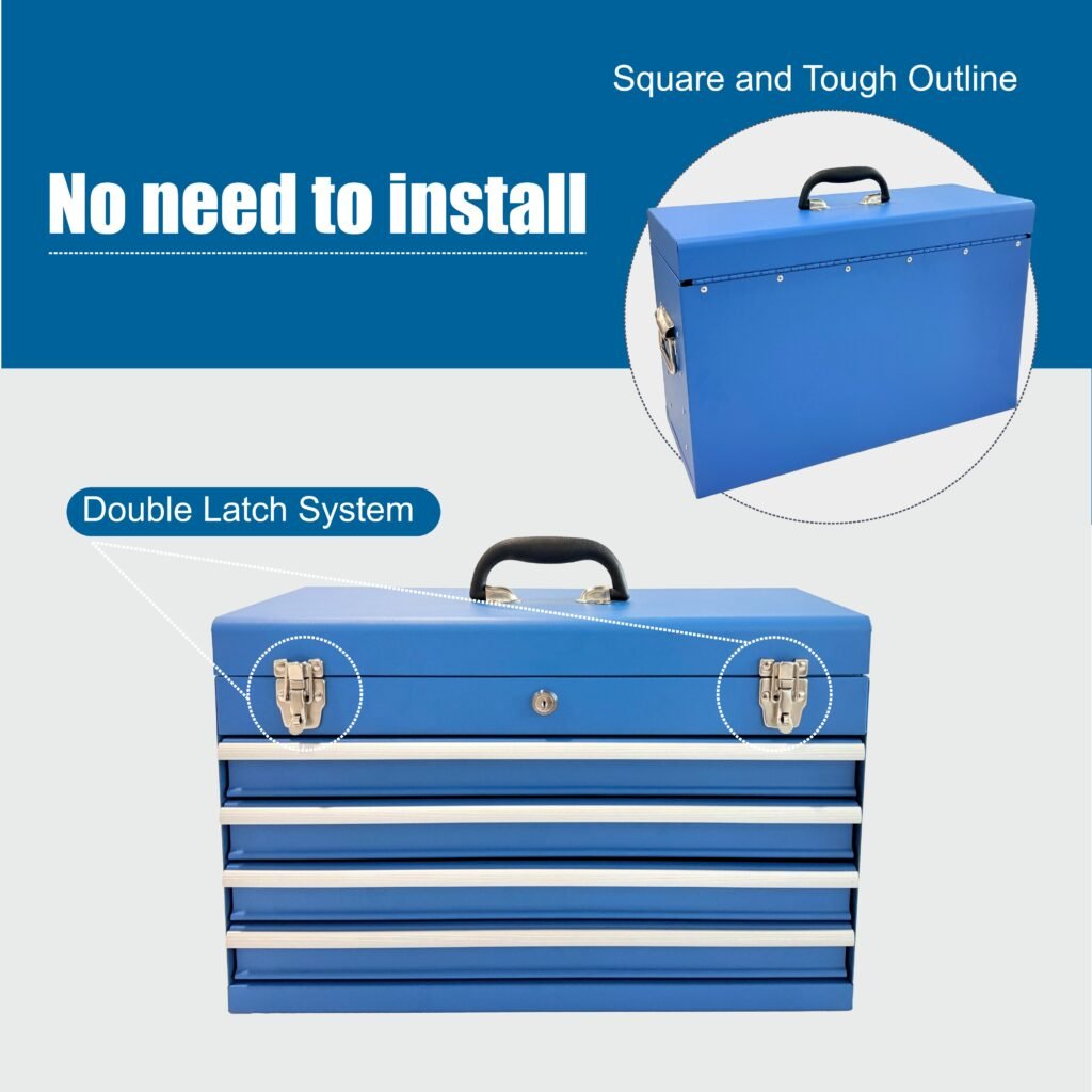 Heavy Duty Metal Tool Box, 21-inch, Portable Metal Tool Box With 4 Drawers, Small Tool Chest With EVA Liners, Ball Bearing Slide Drawers Locking & Powder Coated Finish, Multi-Function Tool Organizer