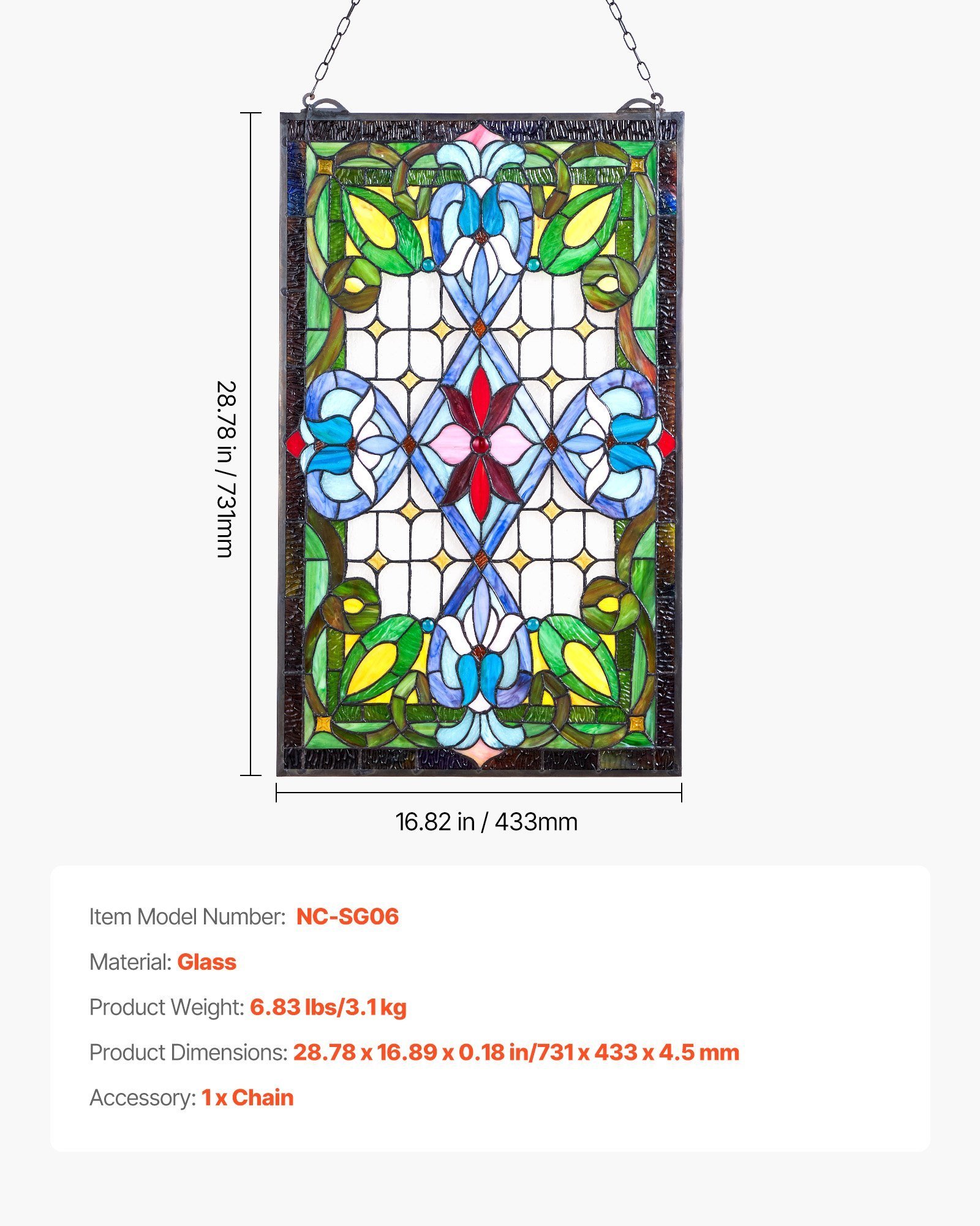 Stained Glass Window Panel, 17 X 29 In, Tiffany Style Hanging Transom Window Panel With Chain, Large Vertical Rectangle Stain Glass, Vintage Traditional Art Handcrafts For Kitchen Home Decor - Image 1