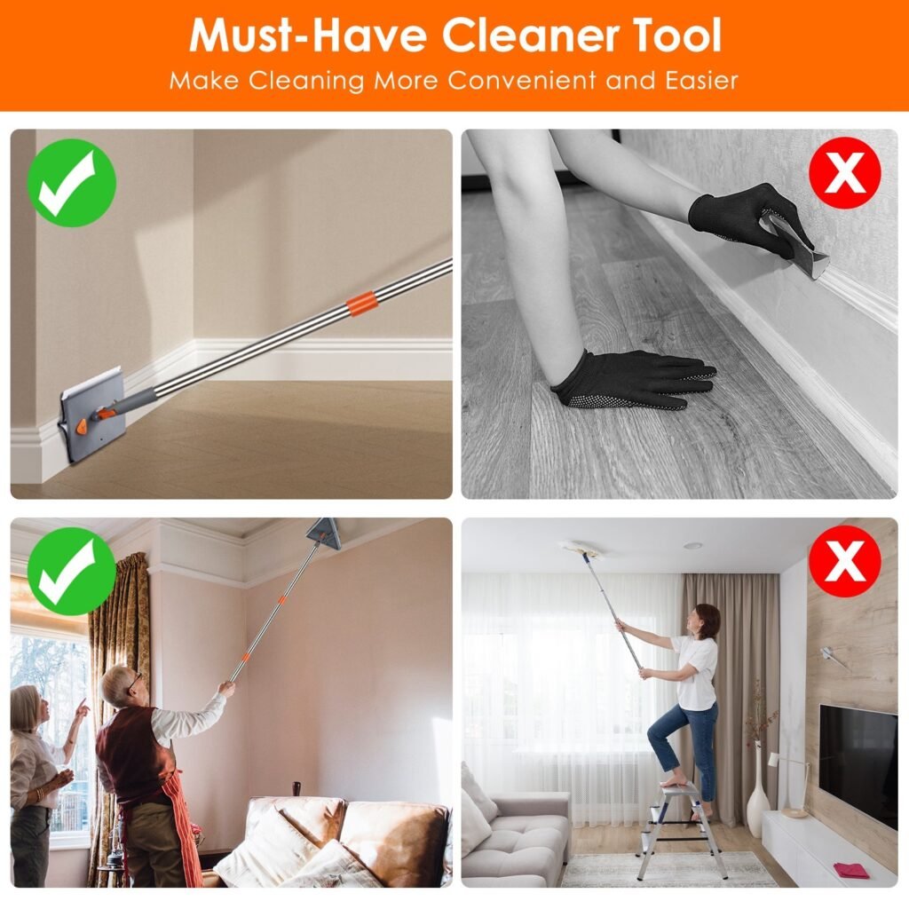 1Set 2 In 1 Baseboard Cleaner Mop Wall Cleaner Mop With Squeegee Extendable Long Handle 8 Reusable Fiber Flannel Chenille Mop Pads 360 Rotatable Convex Design Baseboard Mop For Wall Ceiling Window