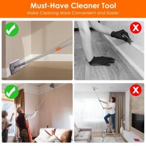 1Set 2 In 1 Baseboard Cleaner Mop Wall Cleaner Mop With Squeegee Extendable Long Handle 8 Reusable Fiber Flannel Chenille Mop Pads 360 Rotatable Convex Design Baseboard Mop For Wall Ceiling Window - Image 9