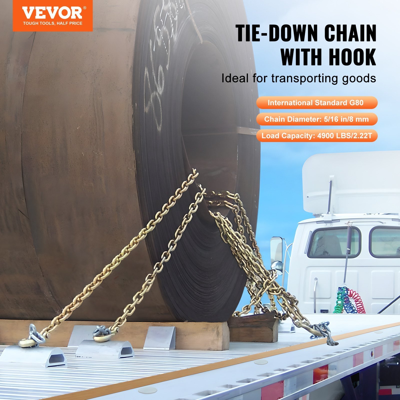 Binder Chain G80 Tie Down Tow Chain With Hooks 5/16'x10.3' 2 Pack 4900 Lbs - Image 3