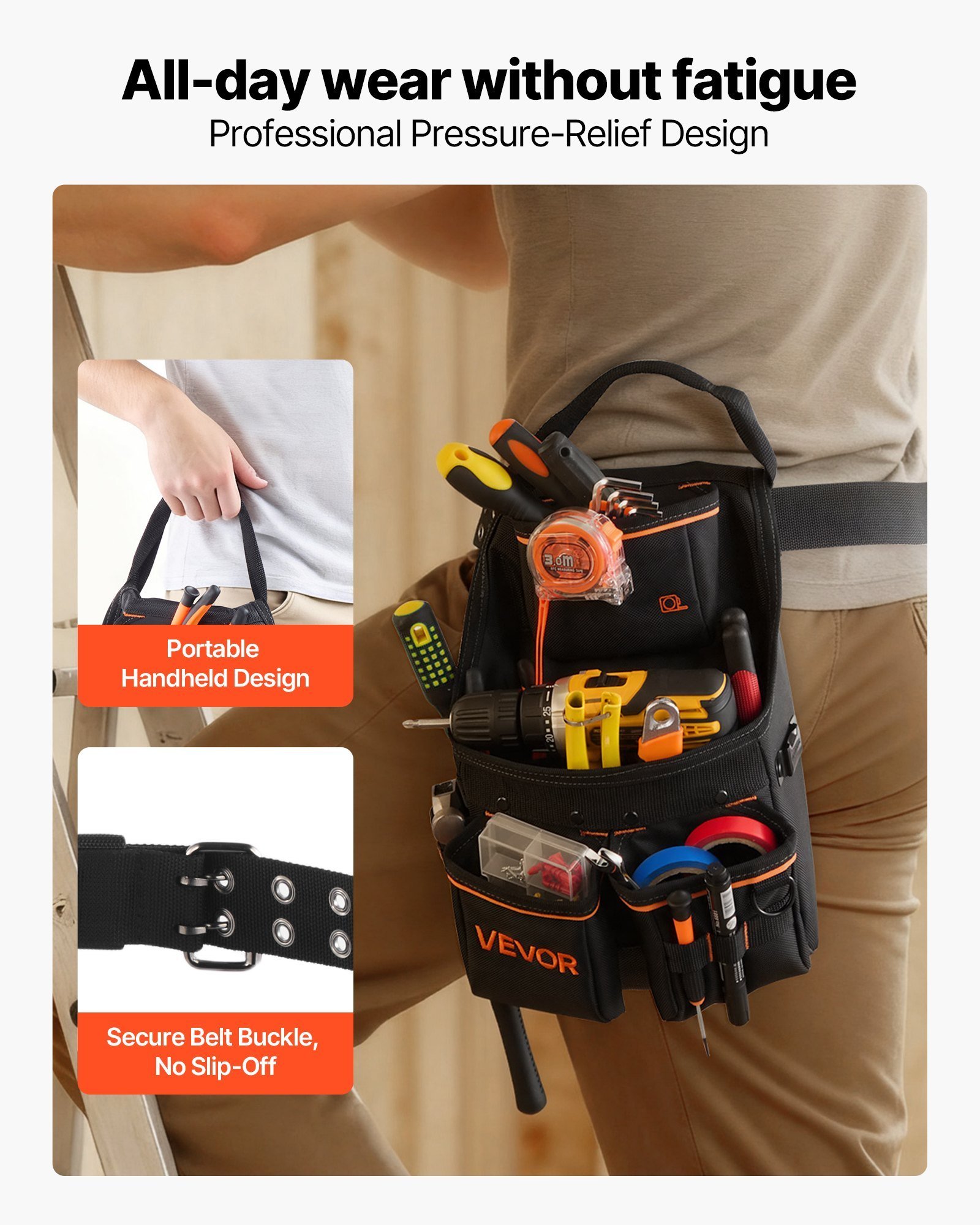 Tool Pouch With Belt, 14 Pockets Professional Tool Belt Pouch For Men, Heavy Duty Detachable Adjustable Utility Work Bag For Electrician, Carpenter, Construction, Adjusts Waist 32 To 50 Inches - Image 4