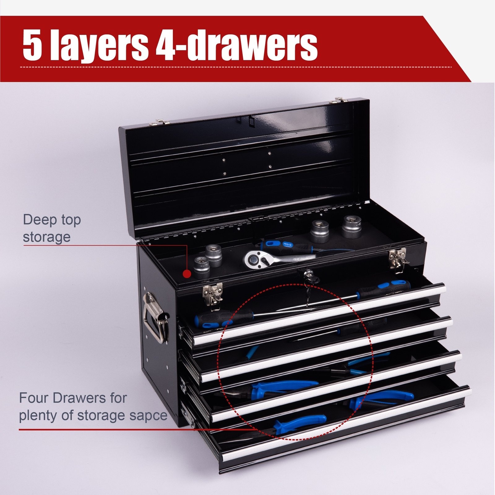 Heavy Duty Metal Tool Box, 21-inch, Portable Metal Tool Box With 4 Drawers, Small Tool Chest With EVA Liners, Ball Bearing Slide Drawers Locking & Powder Coated Finish, Multi-Function Tool Organizer - Image 4