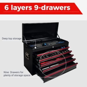 Heavy Duty Metal Tool Box, 24-inch, Portable Metal Tool Box with 9 Drawers, Small Tool Chest with EVA Liners, Ball Bearing Slide Drawers Locking & Powder Coated Finish, Multi-Function Tool Organizer - Image 4