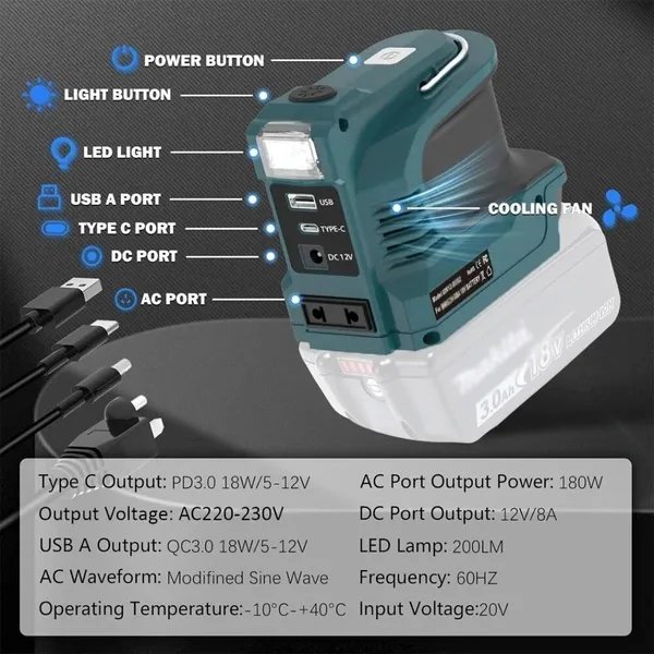 180W 18V LXT Battery Voltage Converter (Inverter) With USB LED Power Bank, Compatible With Makita 18V LXT Battery