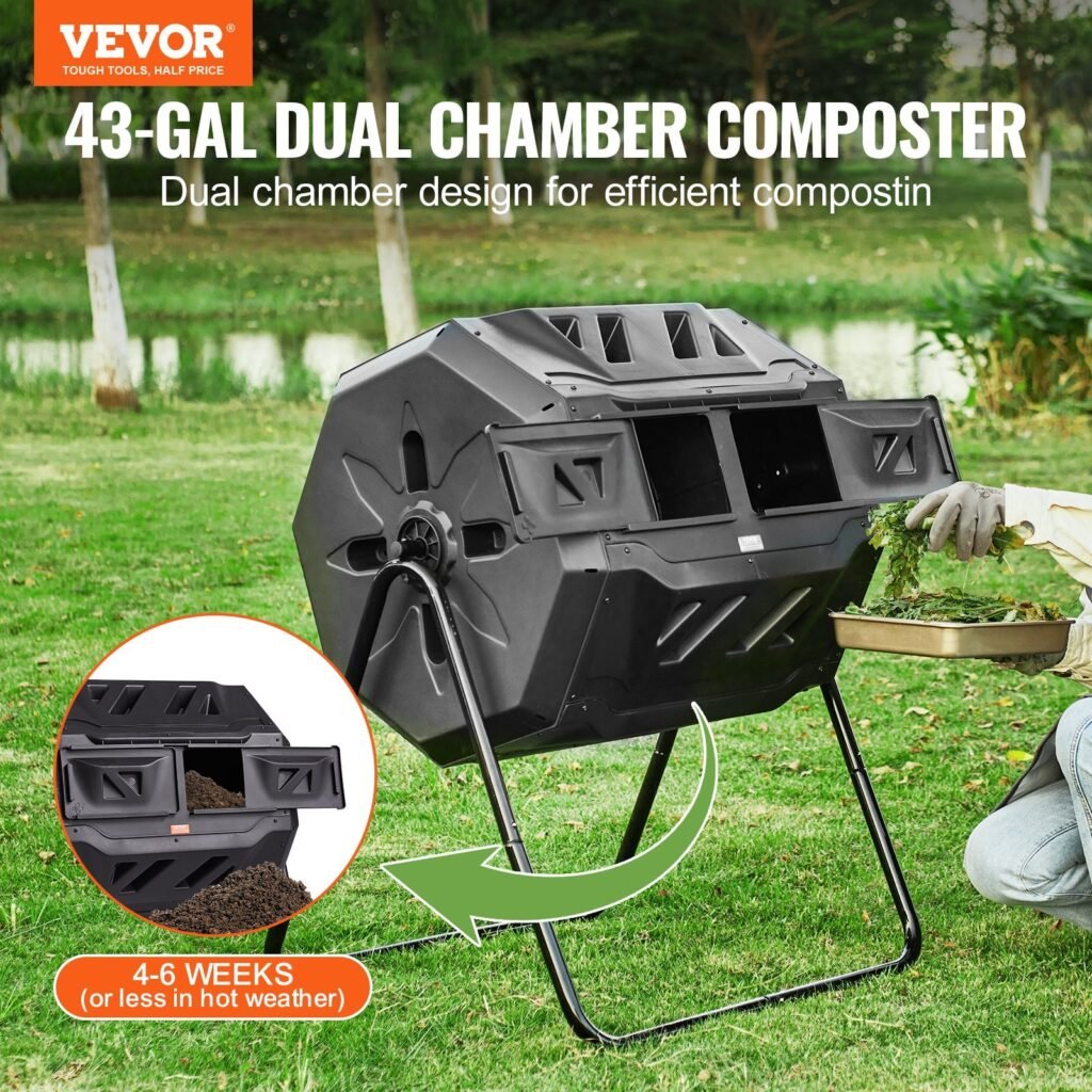 Compost Bin, 43-Gal Dual Chamber Composting Tumbler, Large Tumbling Rotating Composter With 2 Sliding Doors And Steel Frame, BPA Free Composter Bin Tumbler For Garden, Kitchen, Yard, Outdoor