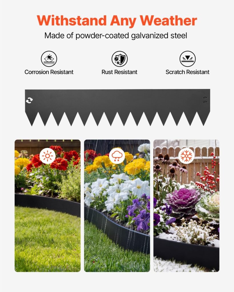 Galvanized Steel Landscape Edging, 6-Pack 40 X 8 Inch Metal Edging For Landscaping With 6 Mounting Clips, Bendable Metal Garden Edge Border For Flower Bed, Yard Pathway, Black