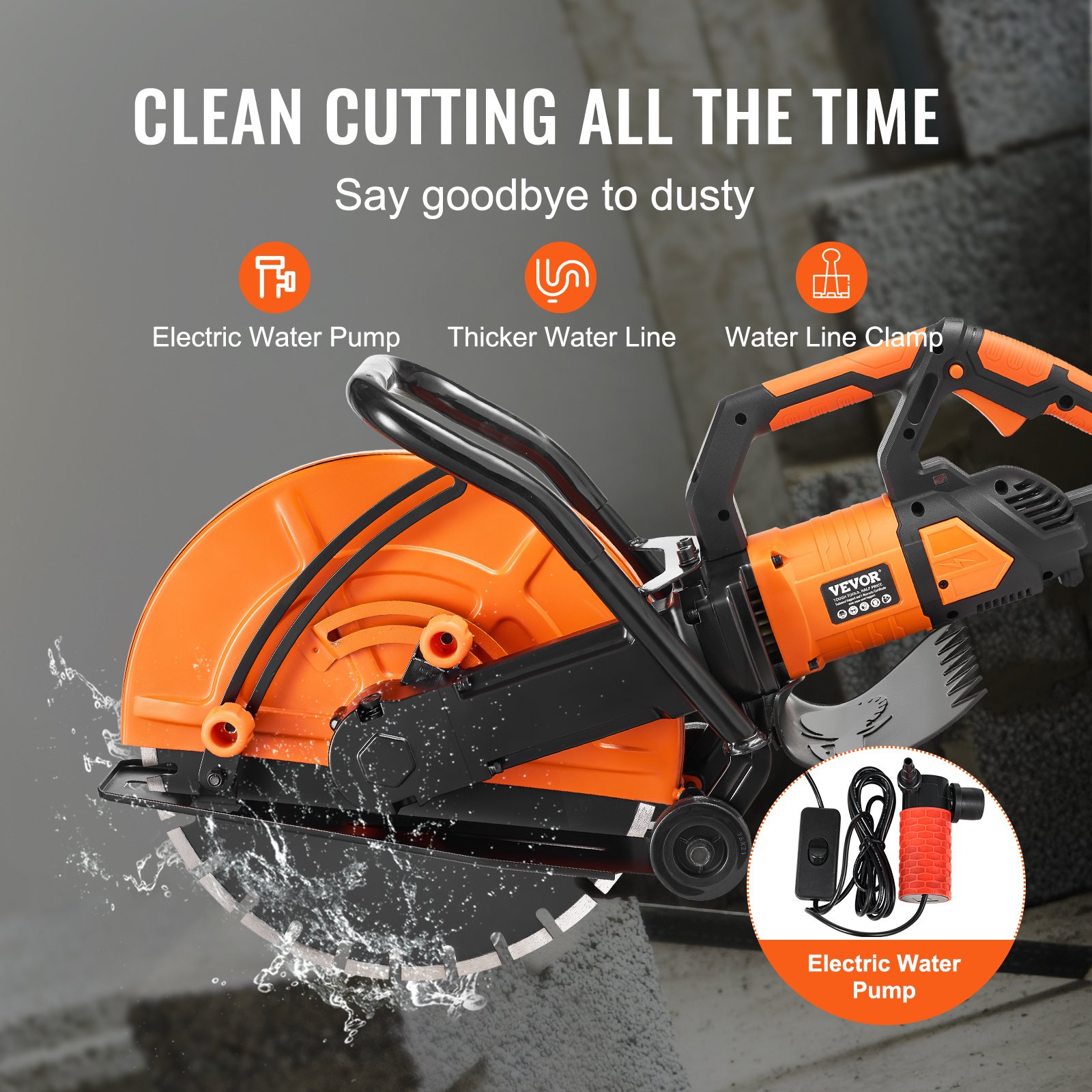 VEVOR Electric Concrete Saw, 16 In, 3200 W 15 A Motor Circular Saw Cutter With Max. 6 In Adjustable Cutting Depth, Wet Disk Saw Cutter Includes Water Line, Pump And Blade, For Stone, Brick - Image 7