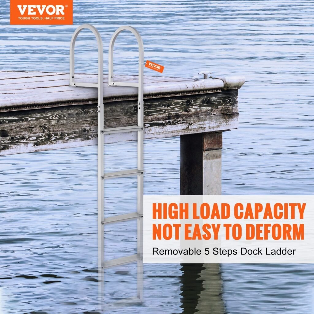 Dock Ladder, Removable 5 Steps, 500 Lbs Load Capacity, Aluminum Alloy Pontoon Boat Ladder With 3.1'' Wide Step & Nonslip Rubber Mat, Easy To Install For Ship/Lake/Pool/Marine Boarding