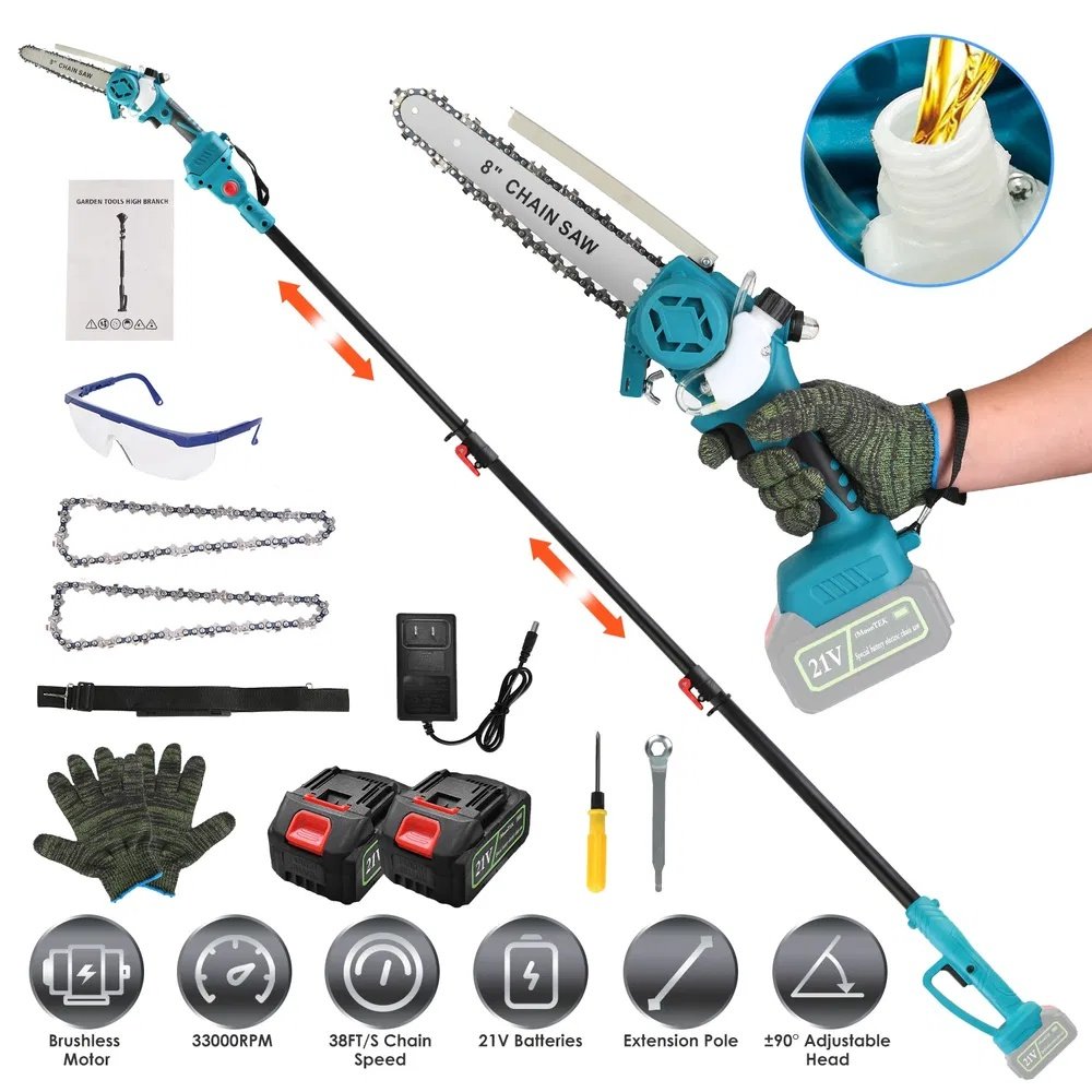 2-IN-1 Cordless Pole Saw And Mini Chainsaw With Extension Pole 21V Battery 8' Electric Brushless Pole Chainsaw With Auto Oiler Safety Switch 6.4LBS Lightweight For Tree Trimming
