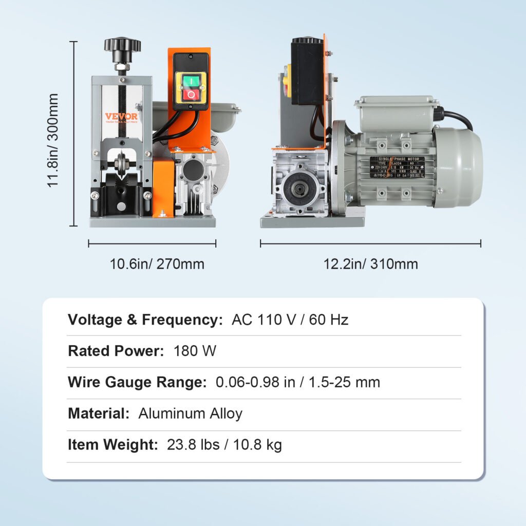 VEVOR Automatic Wire Stripping Machine, Electric Motorized Cable Stripper, 180 W, 60 Ft Min Wire Peeler With Visible Stripping Depth Reference, For Scrap Copper Recycling