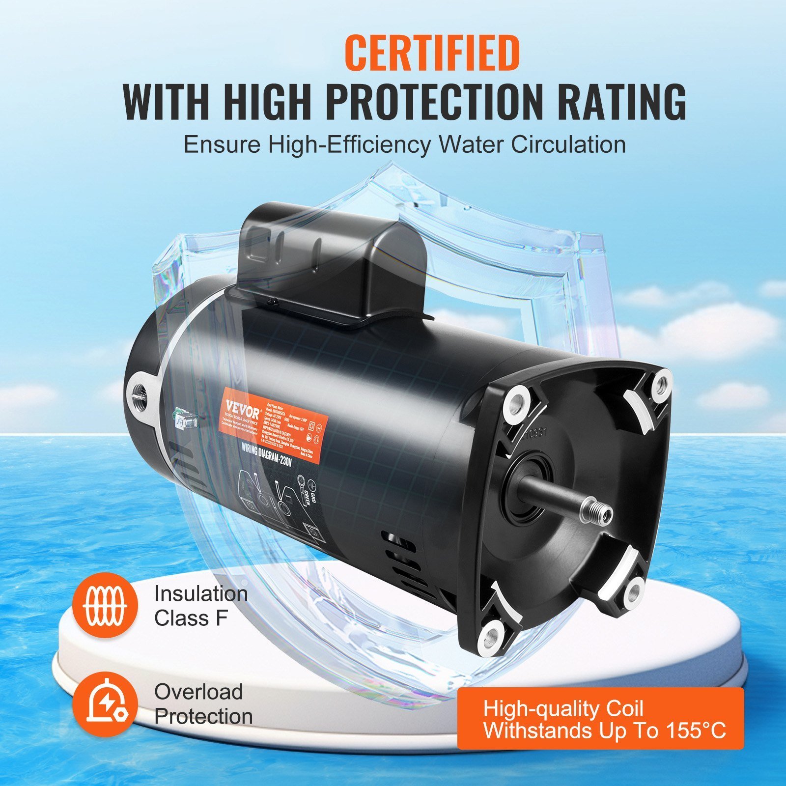 2 HP Pool Pump Motor, 56Y Frame, 230V (7.8 Amps) 3450 RPM, 60Hz, 1.3 Service Factor, 50μF/250V Capacitor, CCW Rotation Square Flange Replacement Motor - Image 5
