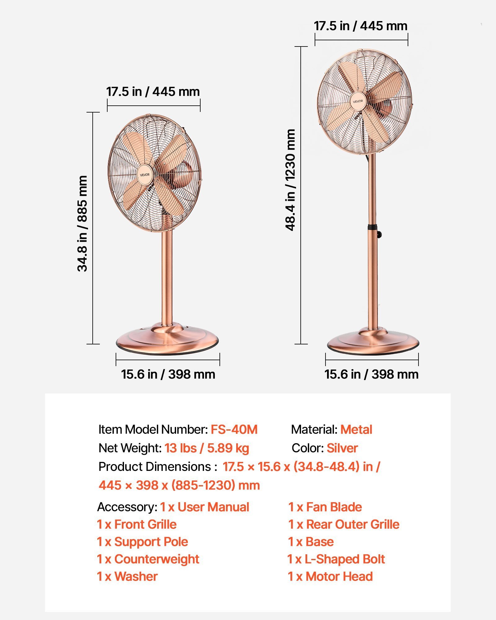 16-Inch High Velocity Pedestal Fan, 1450 CFM Industrial Standing Floor Fan With Handle, 75° Oscillating, 3-Speed Adjustable Height, Metal Made For Commercial, Garage, Workshop, Home, Copper - Image 6