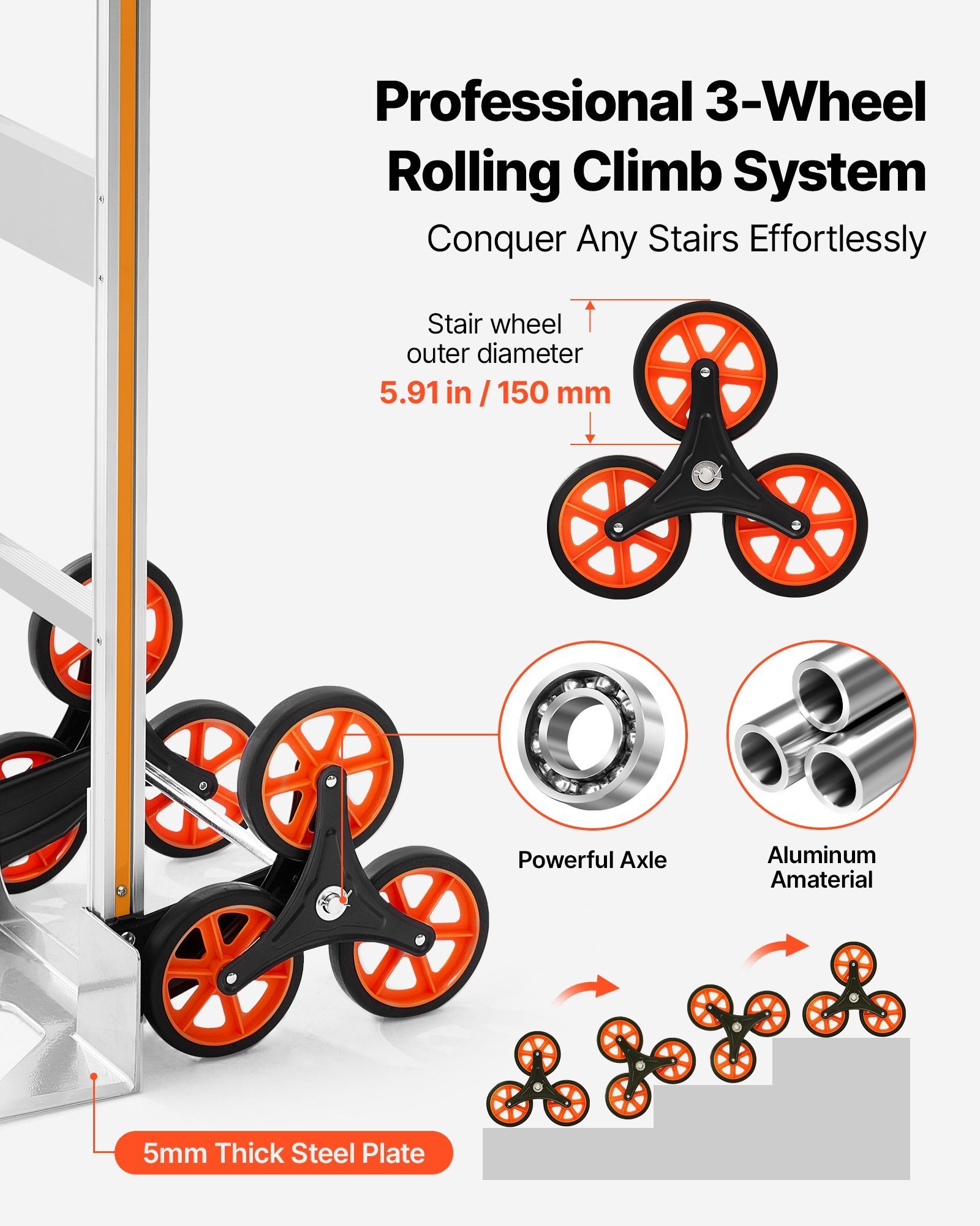 Stair Climbing Cart, 330 Lbs Stair-Climb Capacity, Aluminum Alloy Folding Trolley Cart With Telescoping Handle, 6 Wheels And 2 Bungee Cords, Stair Climber Dolly For Home, Groceries, Warehouse - Image 4