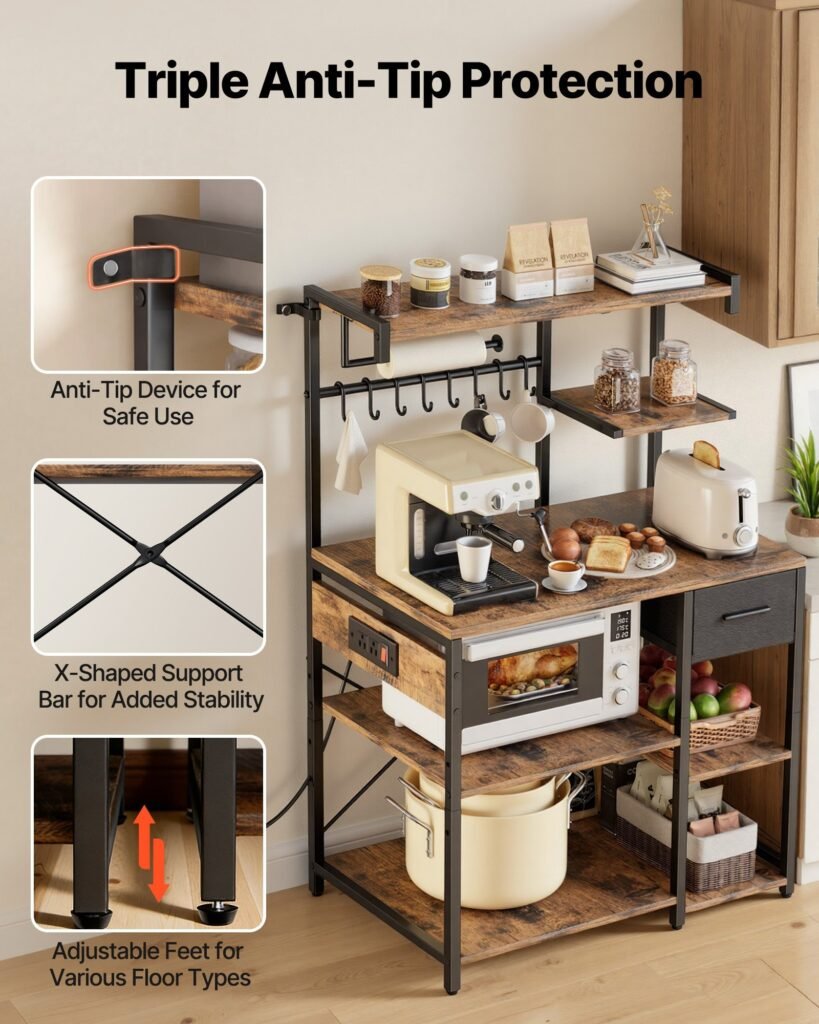 Kitchen Bakers Rack, 4.6ft Power Cable Bakers Rack With Power Outlet, Kitchen Stand With X-Shaped Support Bar, 8 S-Shaped Hooks, Coffee Bar Stand For Dishes, Spice Bottles, Built-In Power Strip