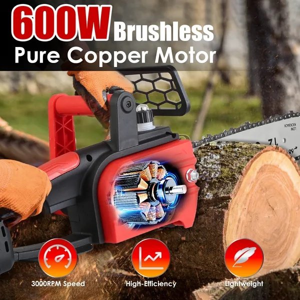 12-Inch Cordless Electric Chainsaw With 2 X 21V 1.5Ah/3.0Ah Batteries & Charger - Brushless Motor, Auto Oiler, Safety Switch For Tree Trimming, Wood Cutting, And Yard Maintenance
