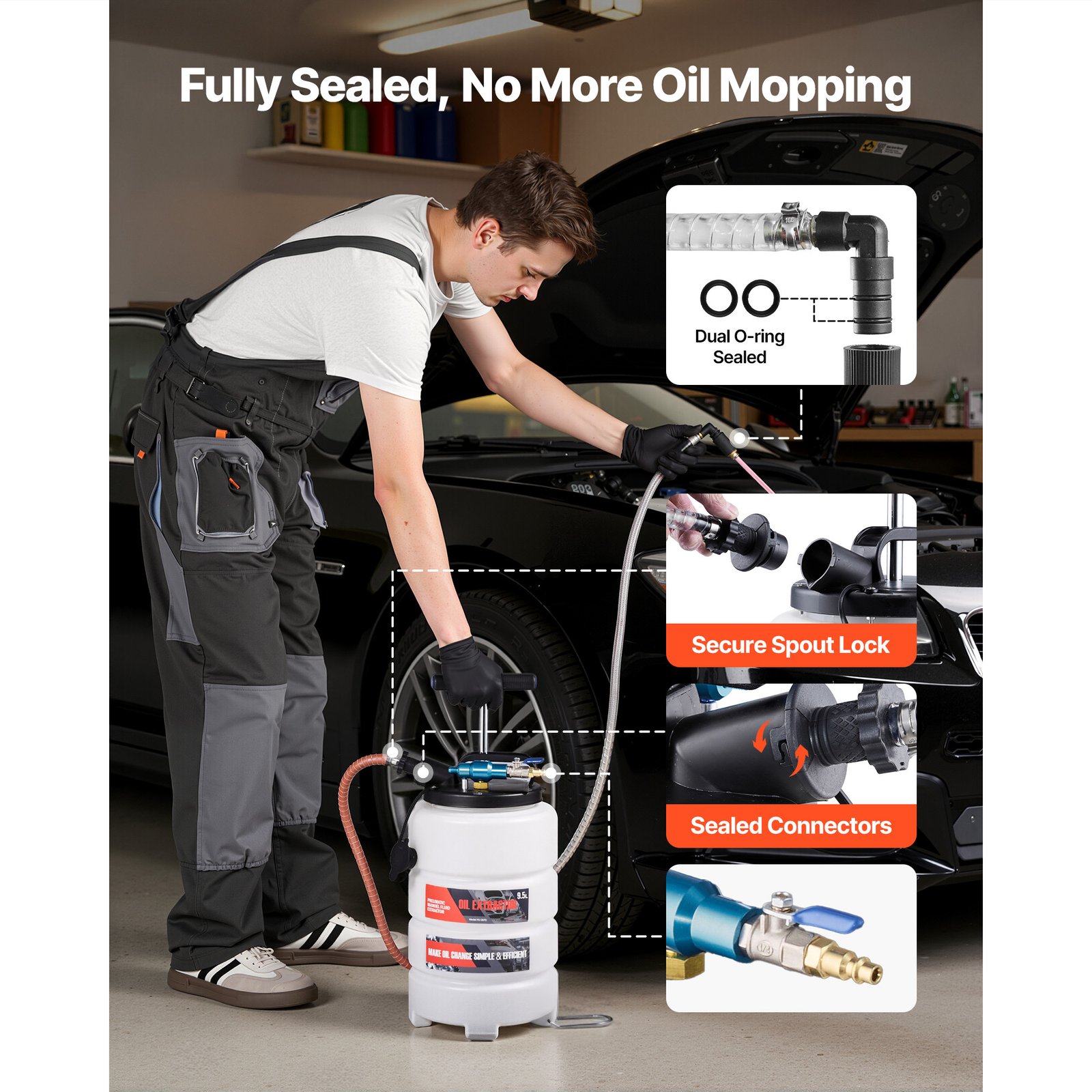 Fluid Extractor, 9.5 L Capacity Pneumatic Manual Vacuum Oil Extractor Pump With 59 In Long Horse & Three 47 In Extension Tubes, Oil Change Pump With PE Tank For Cars, Lawn Mowers, Boats - Image 4