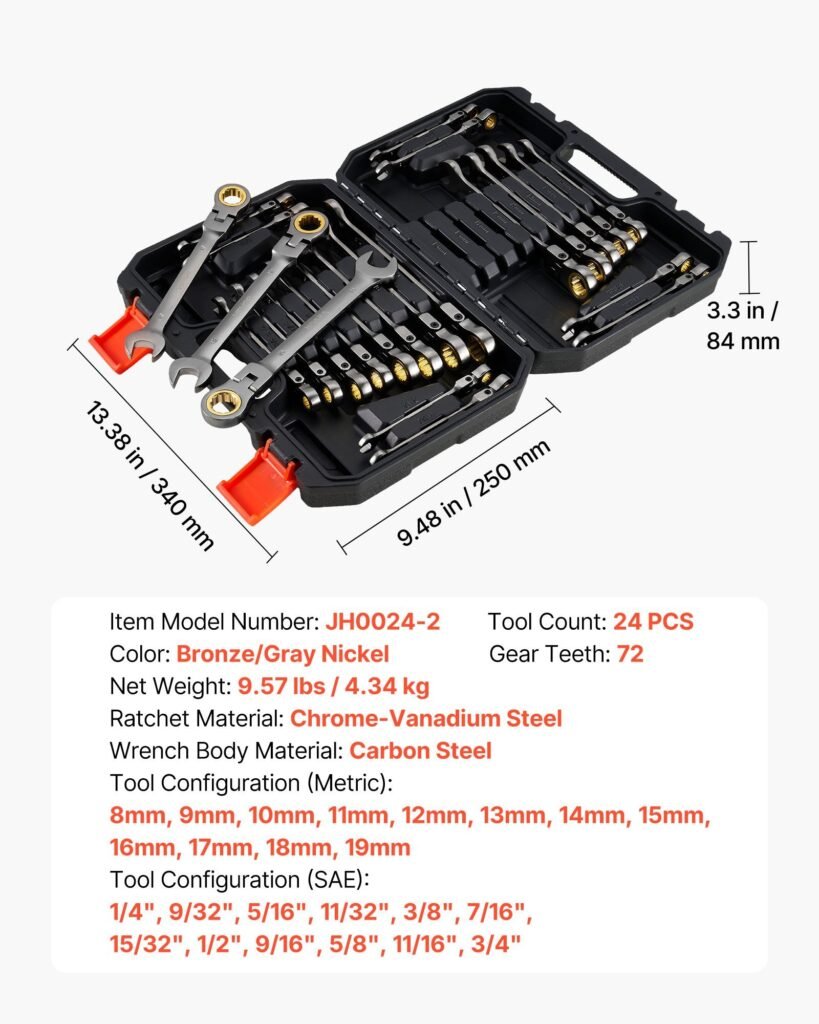 Flex-Head Ratcheting Wrench Set, 24-Piece SAE And Metric, 72 Teeth, Cr-V Steel Ratchet Flexible Combination Wrench Set With Storage Case, For General Household, Automotive Repairs, Gray Nickel