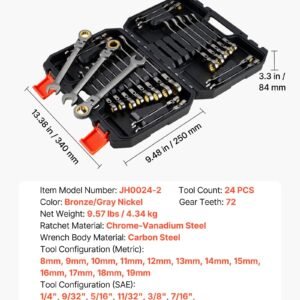 Flex-Head Ratcheting Wrench Set, 24-Piece SAE And Metric, 72 Teeth, Cr-V Steel Ratchet Flexible Combination Wrench Set With Storage Case, For General Household, Automotive Repairs, Gray Nickel - Image 1