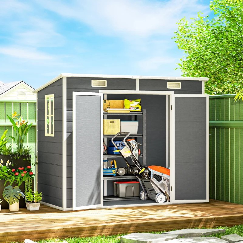 Plastic Outdoor Storage Shed With Floor, Window, Lockable Doors And Vents For Backyard Patio Lawn, Multiple Packages Shipped. Please Pay Attention To The Dimensions And Weight In The Details.