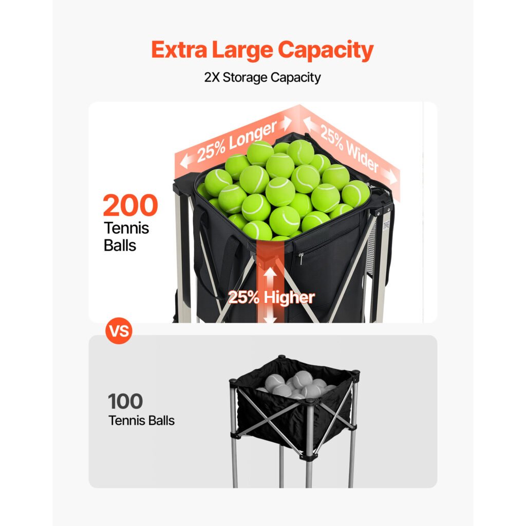 Tennis Ball Hopper, Holds 200 Tennis Balls, Foldable Pickleball Basket Cart With Wheels For Easy Pick Up, Stainless Steel Portable Pickleball Cart Caddy With Storage Bag, For Training Teaching