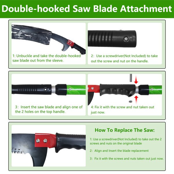 2-in-1 Manual Pole Saw 8.23-15.12FT Extendable Tree Pruner - SK5 Steel Pruner, Double-Hooked Saw Blade, Oxford Storage Bag , Goggles,Gloves For Tree Trimming