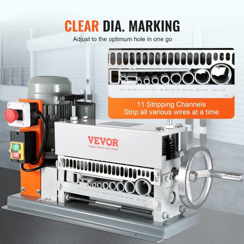 Automatic Wire Stripping Machine, 0.06''-1.42'' Electric Motorized Cable Stripper, 370 W, 88 Ft/min Wire Peeler With An Extra Manual Crank, 11 Channels For Scrap Copper Recycling