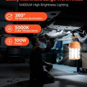 LED Temporary Work Light, 100W, 14400 Lm, 5000K Durable & Water-Resistant, Linkable Up To 8 Units, Ceiling Or Stand Job Site Illumination For Construction Sites, Workshops, Indoor & Outdoor Use - Image 2
