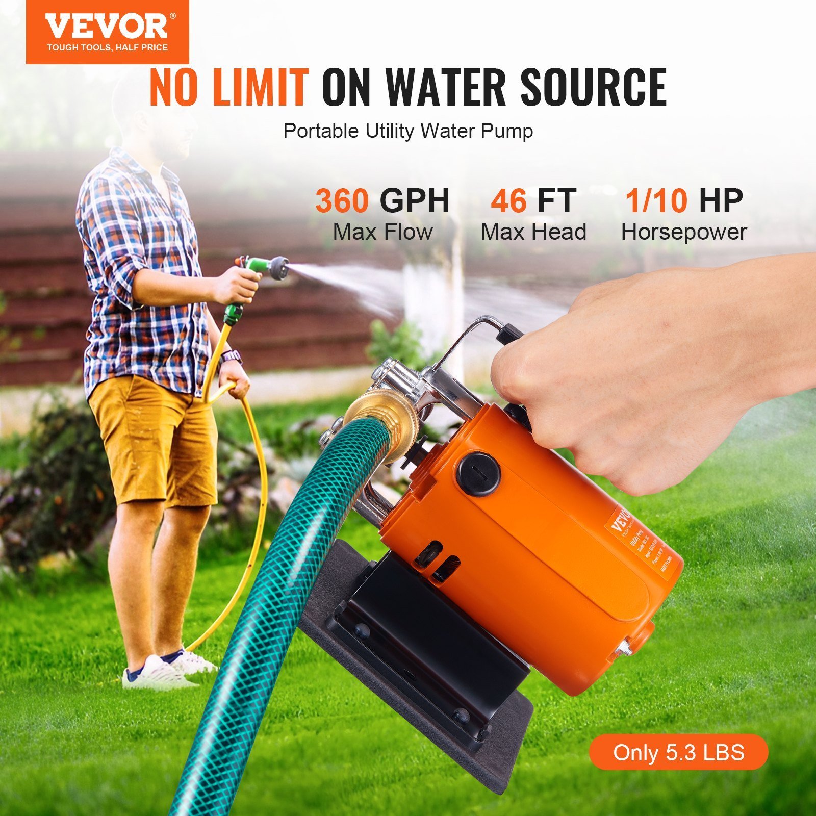 Water Transfer Pump, 120V AC 360 GPH 1/10 HP, Portable Electric Utility Pump With 6 Ft Suction Hose Kit, Carbon Brushes, Impeller, Suction Strainer, For Garden, Rain Barrel, Pool, Pond, Aquarium - Image 4