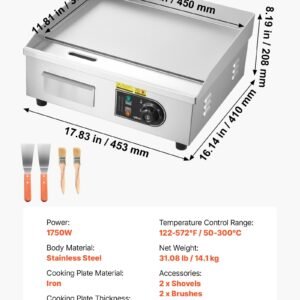Commercial Electric Griddle, 17.72 X 11.81 Inch, 1750W, Adjustable Temp Control, Stainless Steel Countertop Flat Top Grill With 2 Spatulas, 2 Brushes, And 4 Foot Pads, For Steak - Image 1