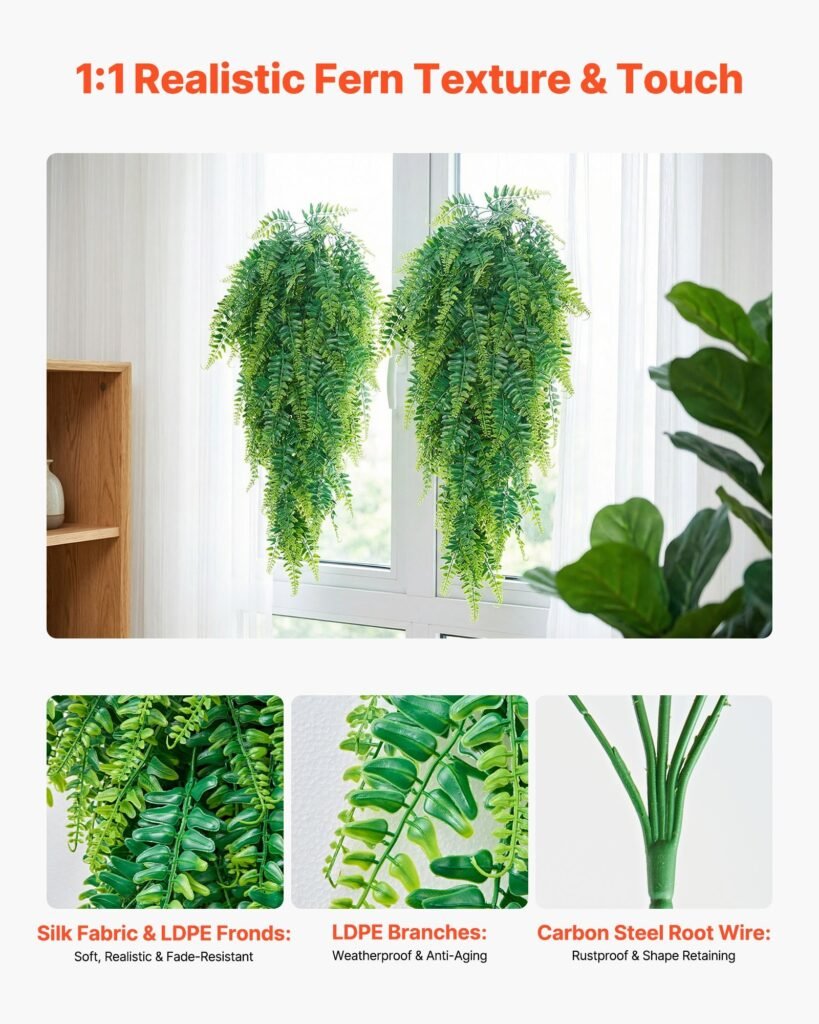 Artificial Ferns, 12 Pcs Fake Hanging Boston Fern Bush Plant With 32 Inch Hanging Length, Plastic Faux Greenery For Indoor/Outdoor Decor, For Wall, Wedding Party, Home, Porch Garden, No Basket