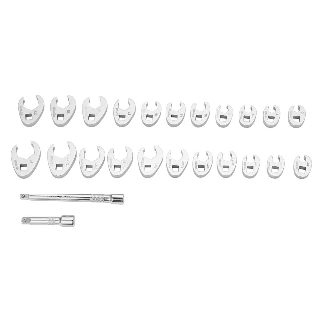 VEVOR Drive Crowfoot Wrench Set With 2 Extension Bars, 24-Piece Crows Foot Wrench Set, SAE  -1inch And Metric 10-22 Mm, CR-MO Steel Crowfoot Wrench Set, With EVA Tool Organizer