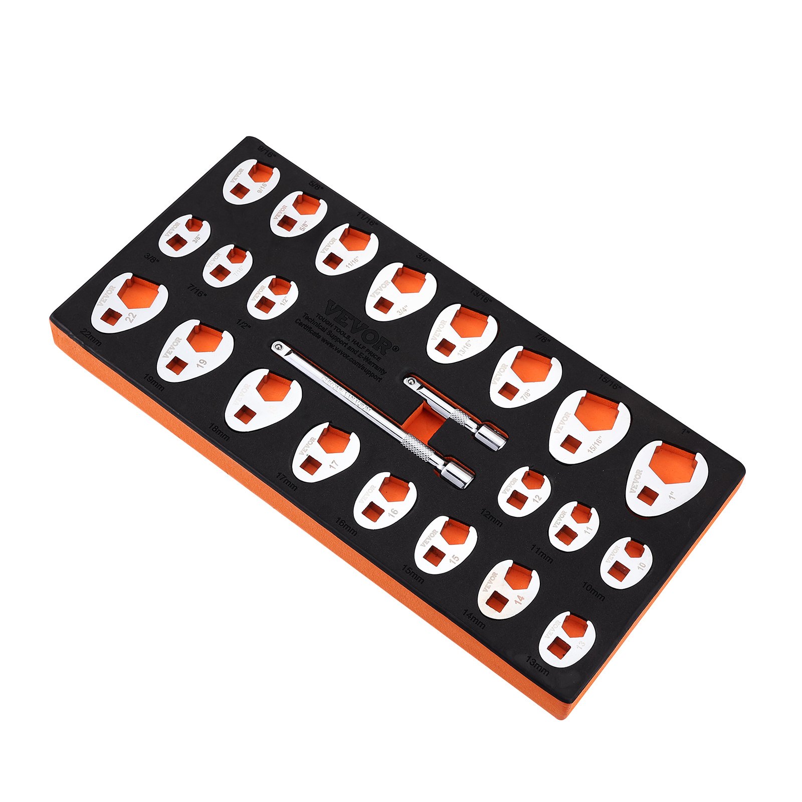 VEVOR Drive Crowfoot Wrench Set With 2 Extension Bars, 24-Piece Crows Foot Wrench Set, SAE  -1inch And Metric 10-22 Mm, CR-MO Steel Crowfoot Wrench Set, With EVA Tool Organizer - Image 9