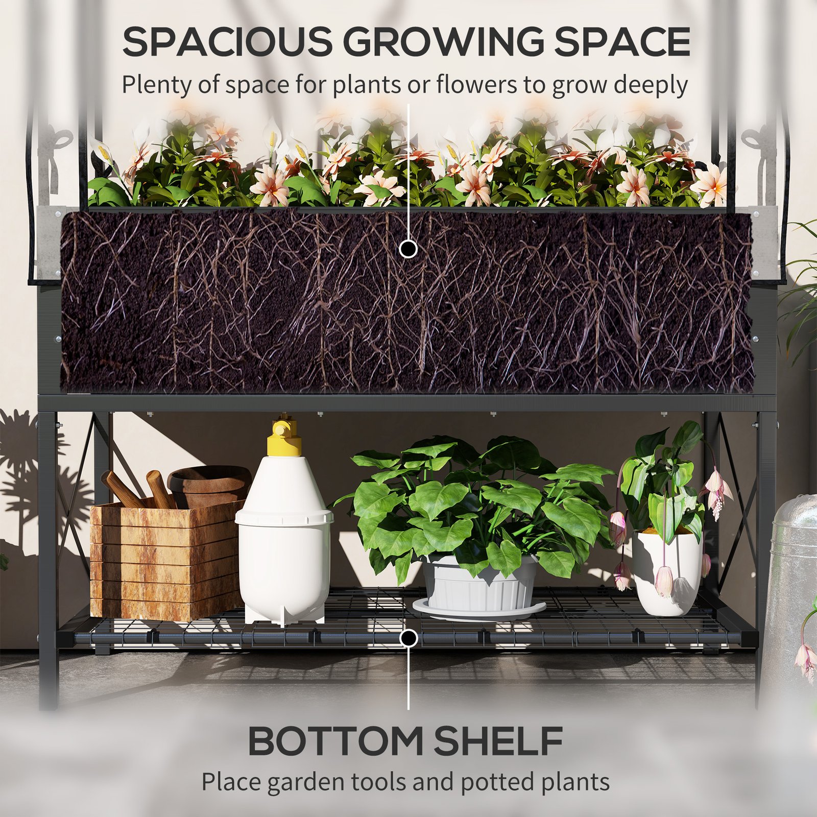 Raised Garden Bed with Legs and Cover, Metal Elevated Planter Box with Bottom Shelf and Liner for Vegetables, Dark Gray - Image 5
