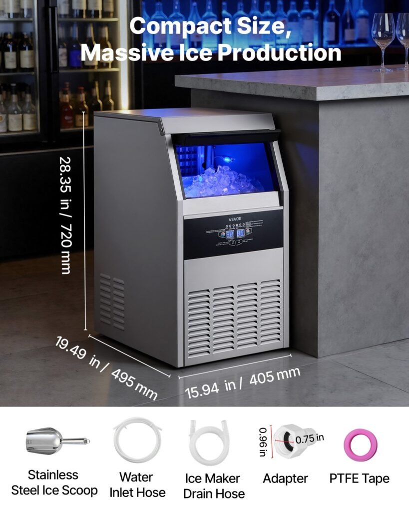 Commercial Ice Maker Machine, 130 Lbs/24h With 30 Lbs Storage Capacity, Built-in/Freestanding/Under Counter, Stainless Steel Ice Maker With LED Display & Self-Cleaning, For Home Bar Restaurant