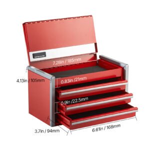 Tool Box 8.6-inch Portable Metal Tool Box 3 Drawers Tool Organizer Red - Image 3
