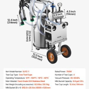 Electric Cow Milking Machine, 6.6 Gal / 25 L 304 Stainless Steel Bucket, Food-Grade Teat Cups And Silicone Hose, Strong Suction, Vacuum Pulsation, Electric Milker Machine With Wheels For Cow - Image 6