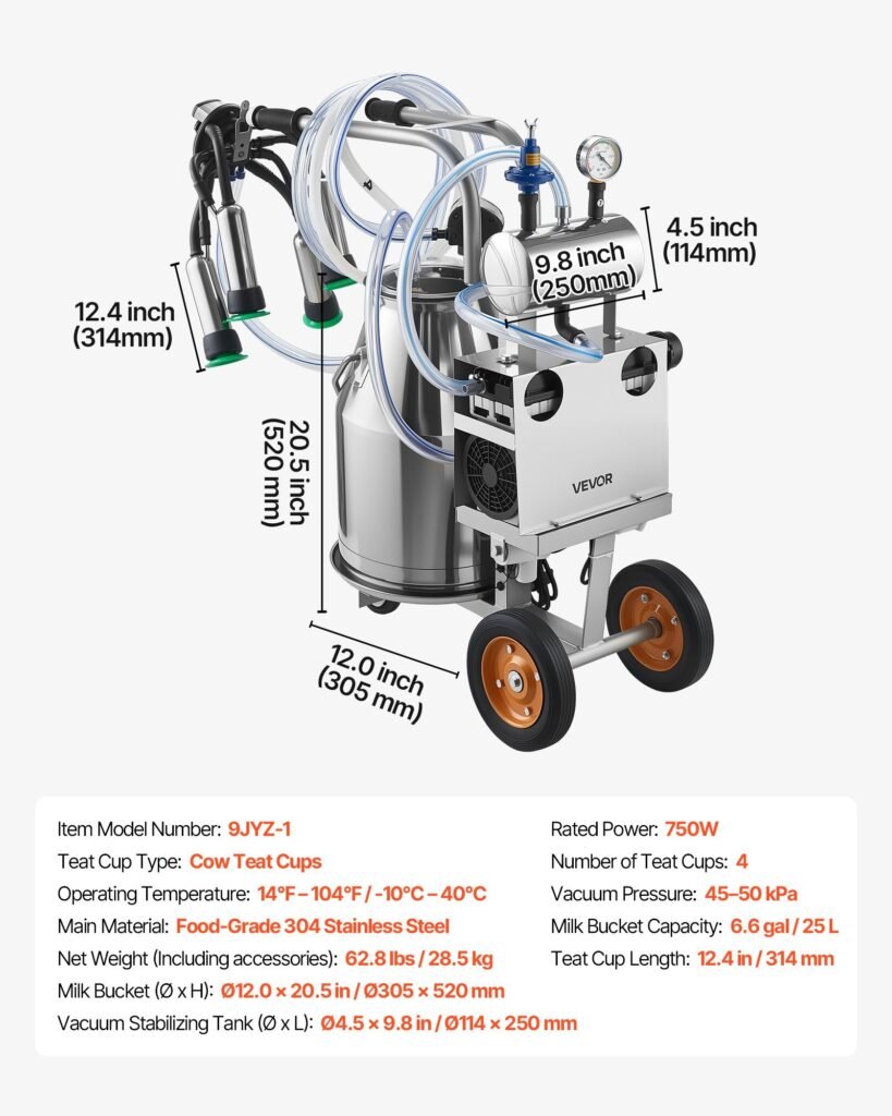 Electric Cow Milking Machine, 6.6 Gal / 25 L 304 Stainless Steel Bucket, Food-Grade Teat Cups And Silicone Hose, Strong Suction, Vacuum Pulsation, Electric Milker Machine With Wheels For Cow