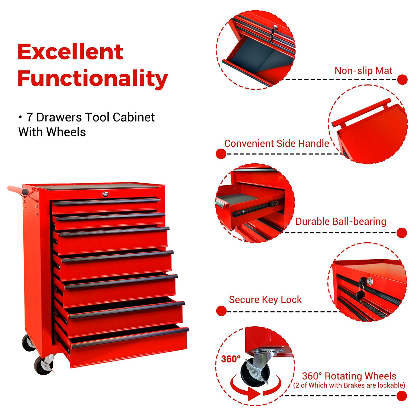 7-Drawer Rolling Tool Storage Cabinet With Detachable Top Tool Box, Universal Lockable Wheels, Adjustable Shelf, Locking Mechanism, Metal Tool Cart For Garage Workshop,Scarlet Flame Red - Image 4